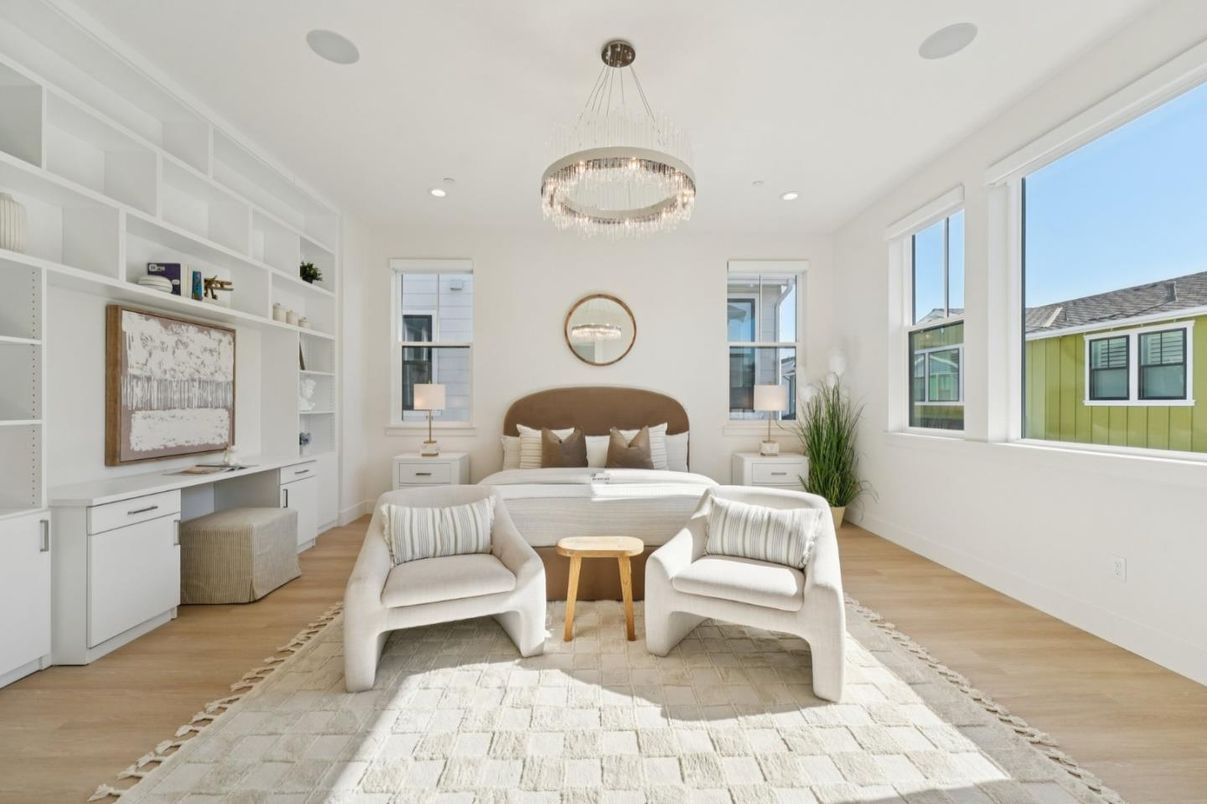Bedroom, Chandelier, Interior, Living room, Pendant Lights, Recessed Lighting, Wood Texture Flooring