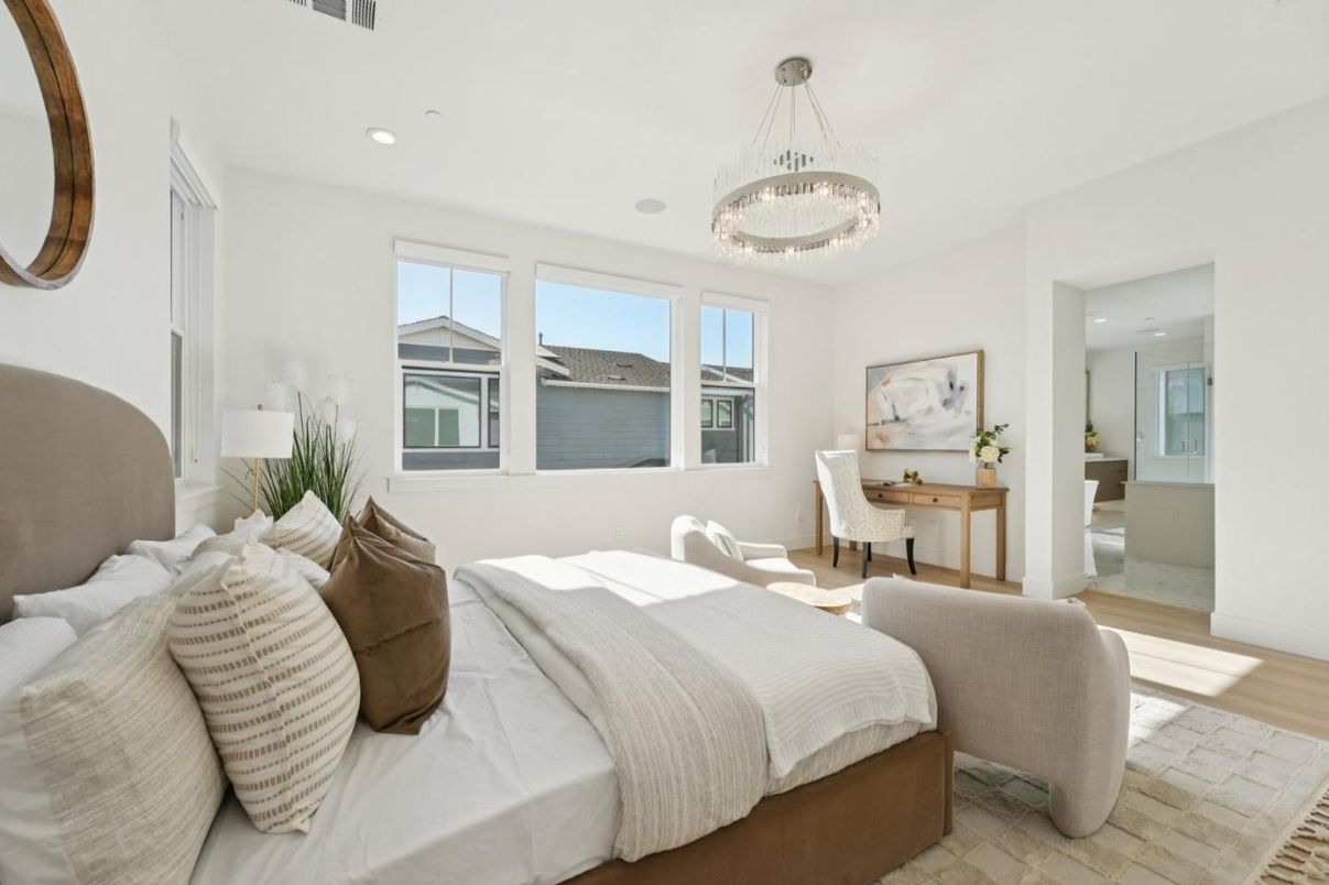 Bedroom, Chandelier, Home Office, Interior, Recessed Lighting, Wood Texture Flooring