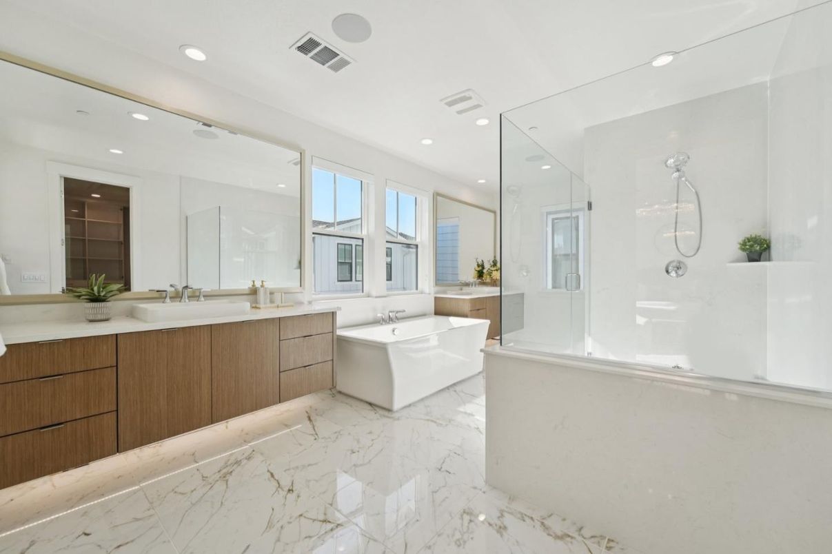 Bathroom, Dual Sink Vanities, Free Standing Baths, Glass Shower, Interior, Marble, Recessed Lighting