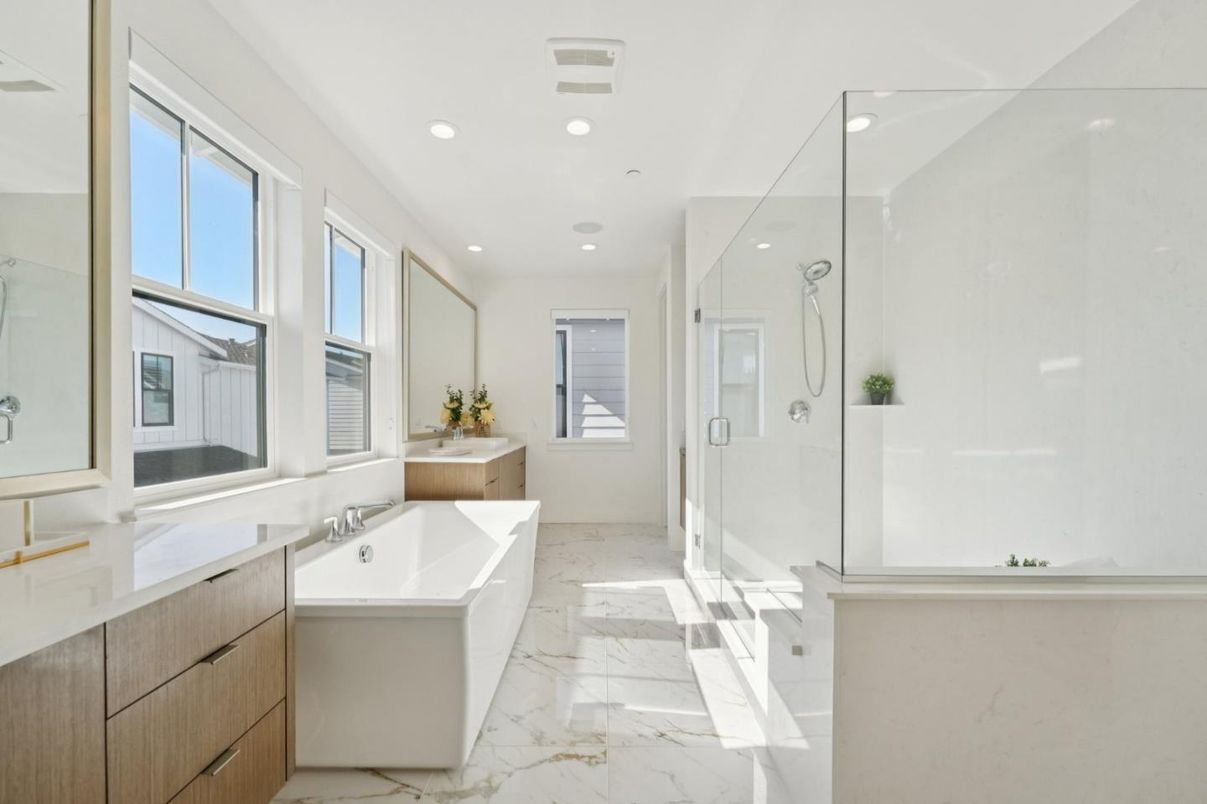 Bathroom, Dual Sink Vanities, Free Standing Baths, Glass Shower, Interior, Marble, Recessed Lighting