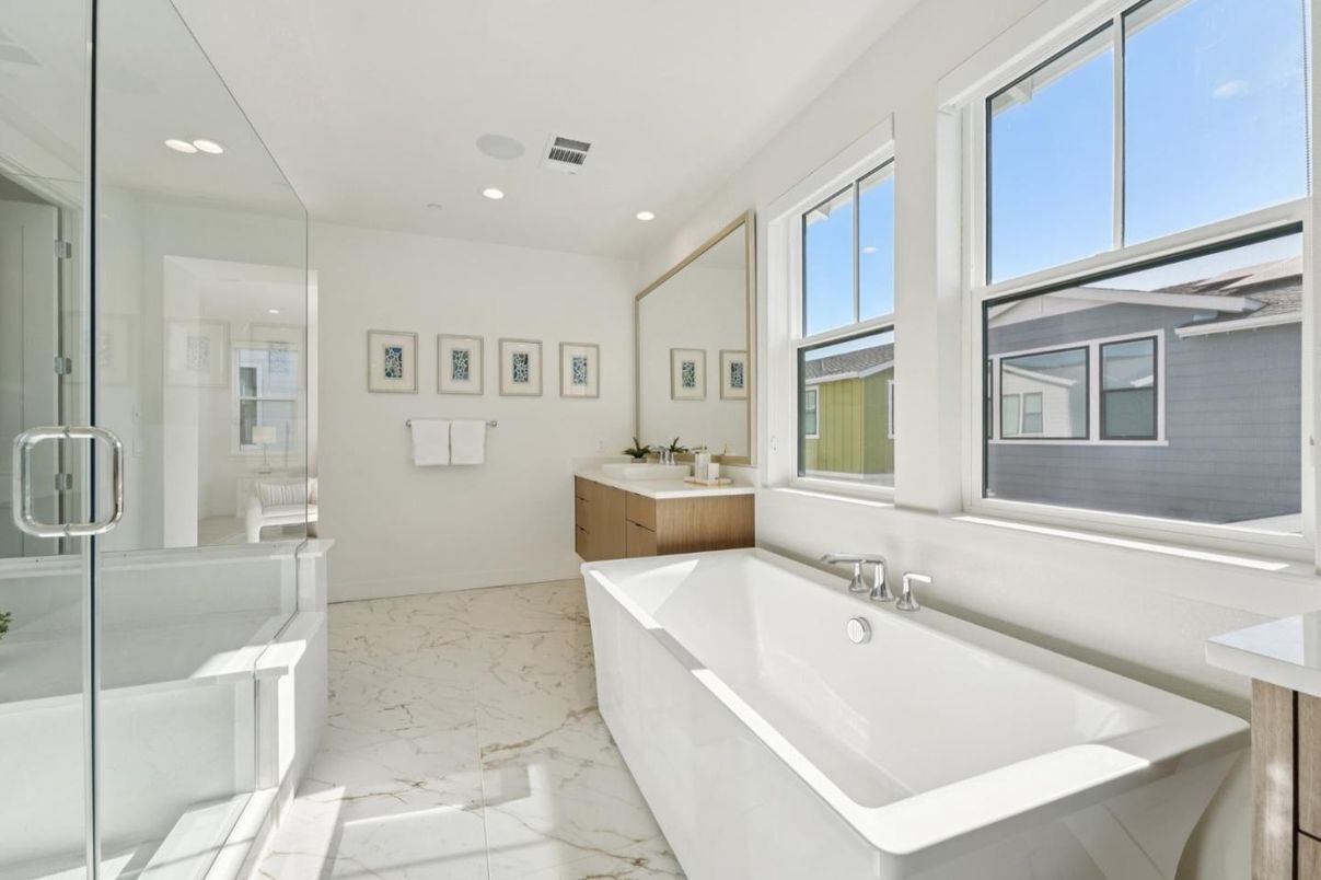 Bathroom, Free Standing Baths, Glass Shower, Interior, Marble, Recessed Lighting