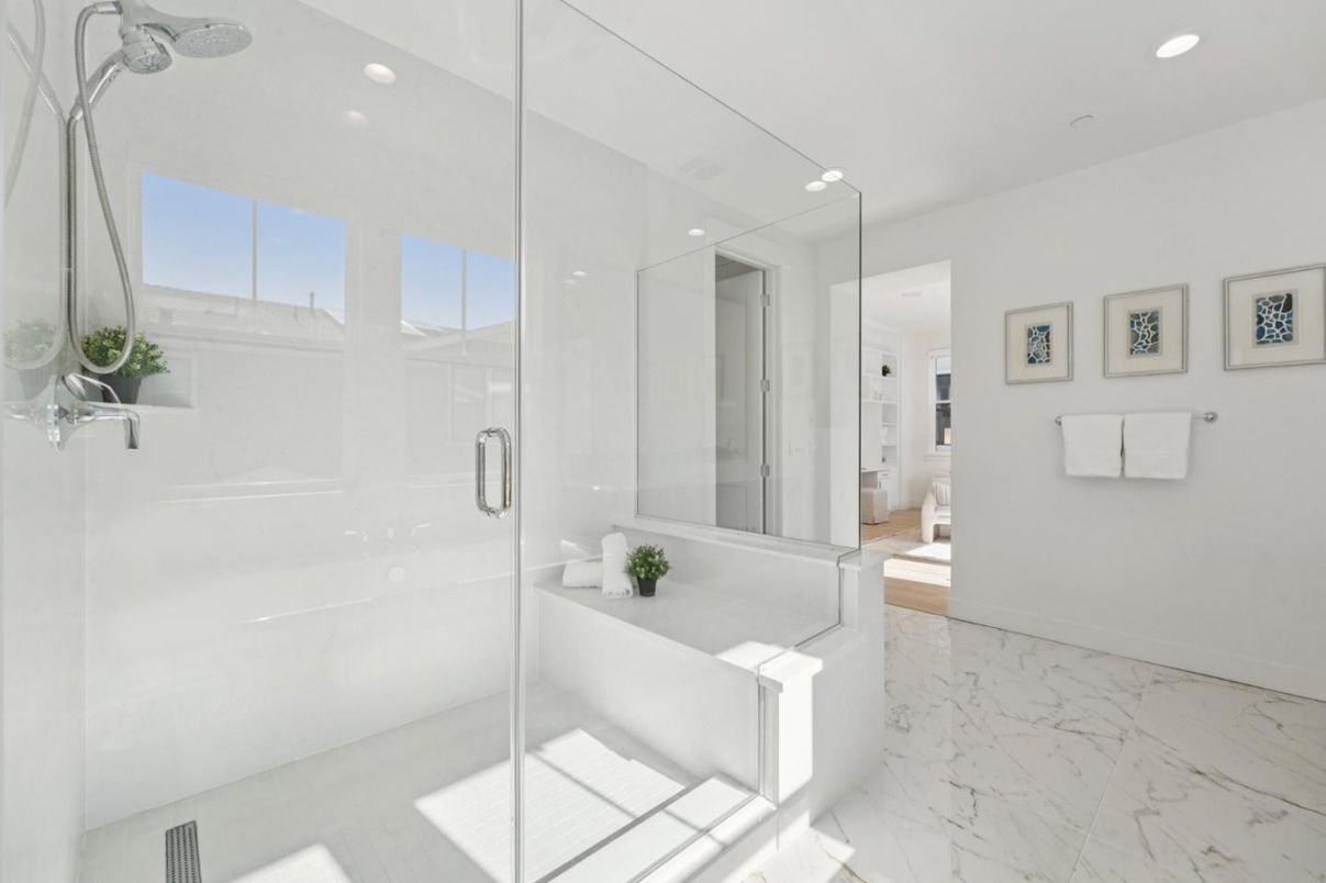 Bathroom, Glass Shower, Interior, Marble, Recessed Lighting