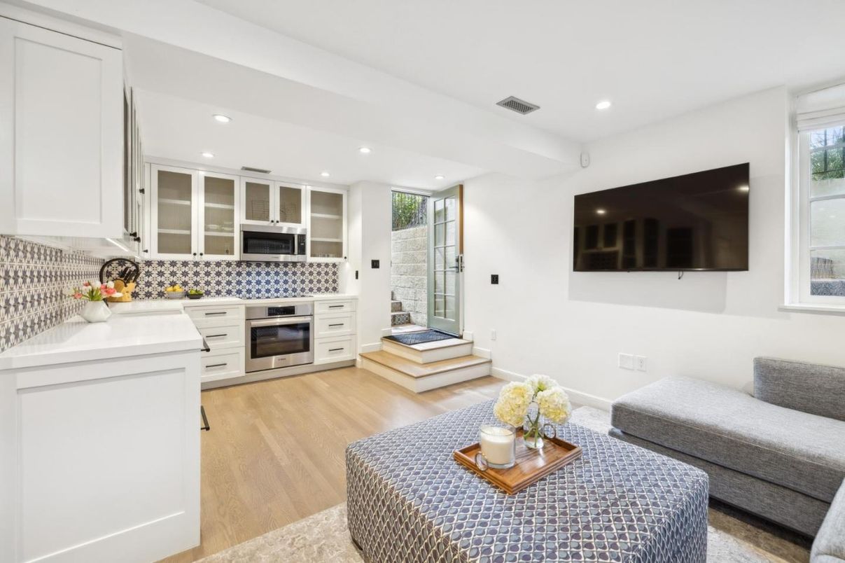 Interior, Kitchen, Living room, Recessed Lighting, Stainless Steel Appliances, Wood Texture Flooring