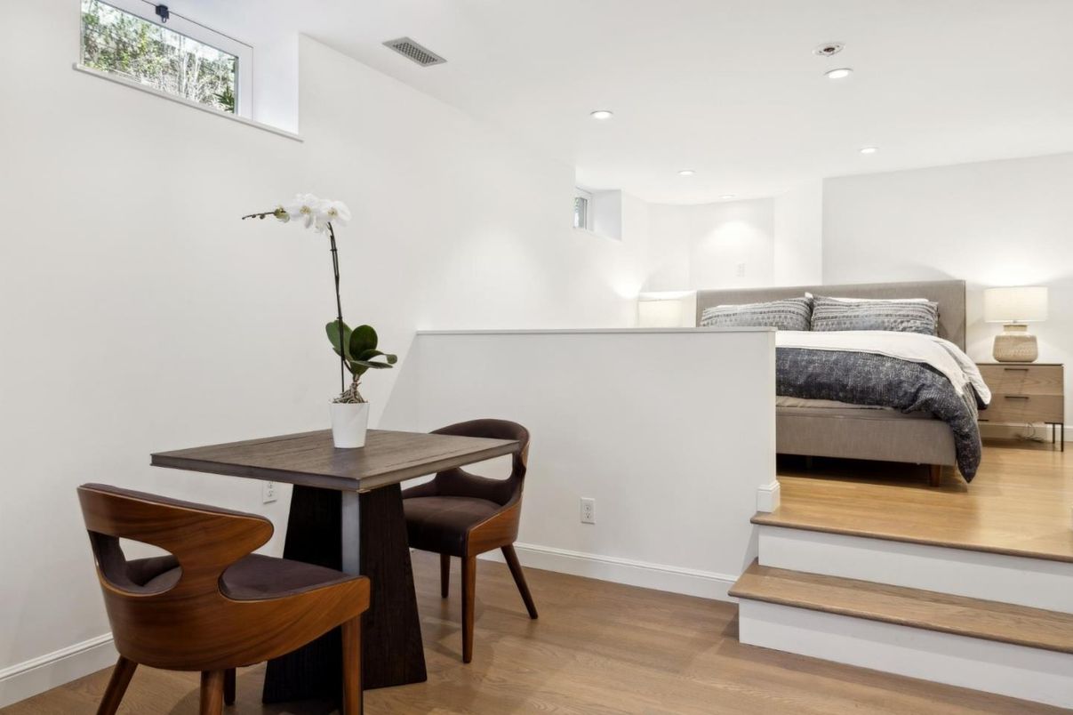 Bedroom, Dining room, Interior, Recessed Lighting, Wood Texture Flooring