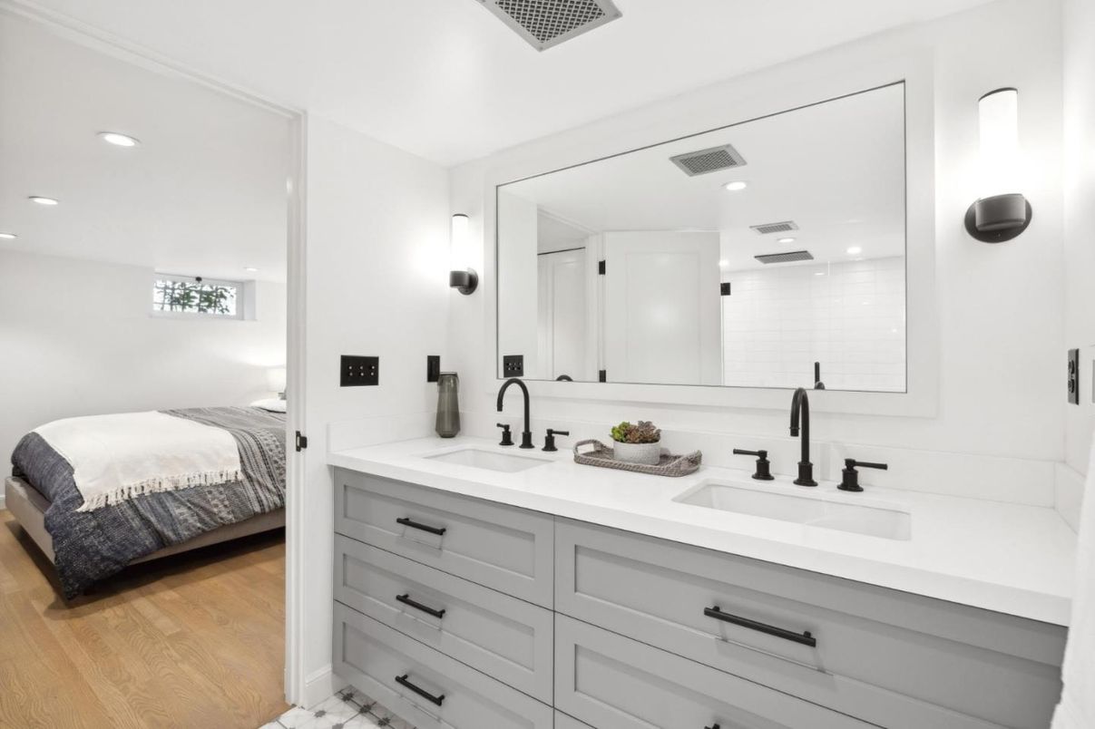 Bathroom, Bedroom, Dual Sink Vanities, Interior, Recessed Lighting, Wood Texture Flooring