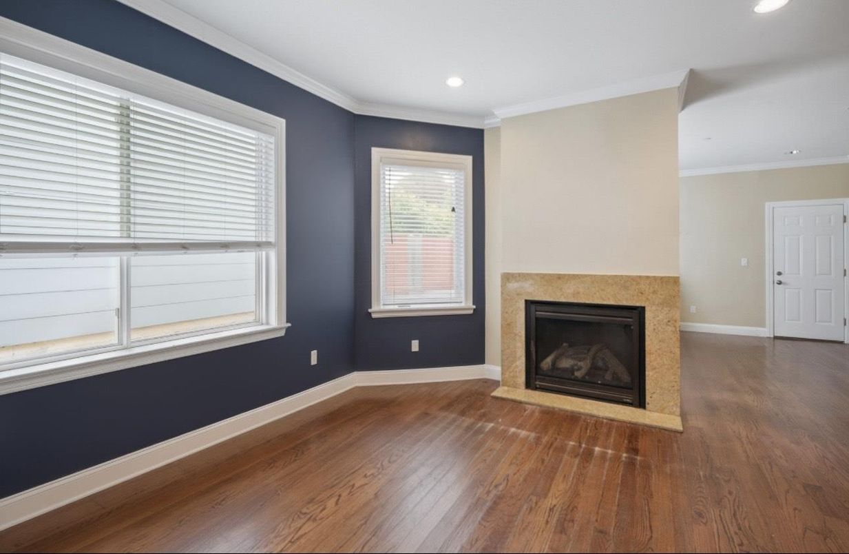 Empty room, Fireplace, Interior, Recessed Lighting, Wood Texture Flooring
