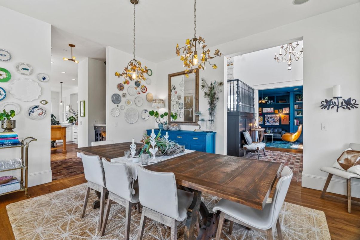 Dining room, Interior, Pendant Lights, Recessed Lighting, Wood Texture Flooring