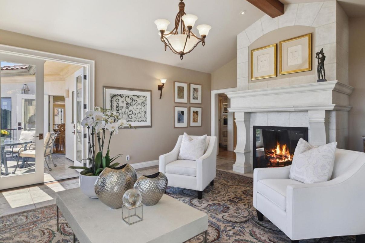 Chandelier, Fireplace, Interior, Living room, Recessed Lighting, Wooden Beams