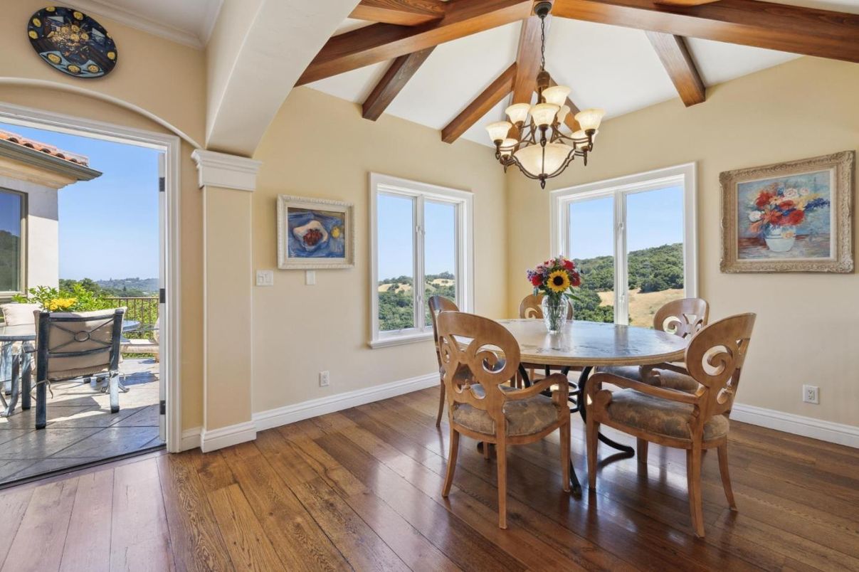 Chandelier, Dining room, Interior, Wooden Beams, Wood Texture Flooring