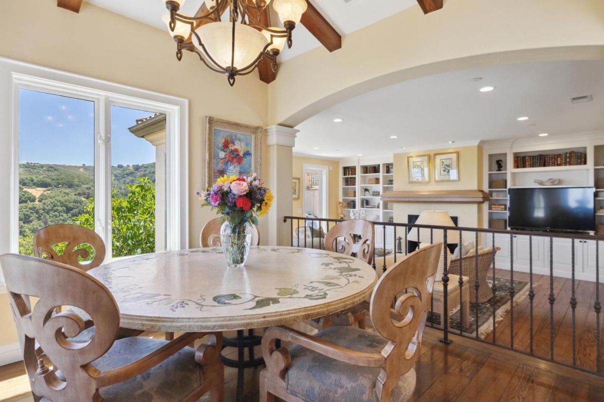 Chandelier, Dining room, Fireplace, Interior, Recessed Lighting, Wooden Beams, Wood Texture Flooring