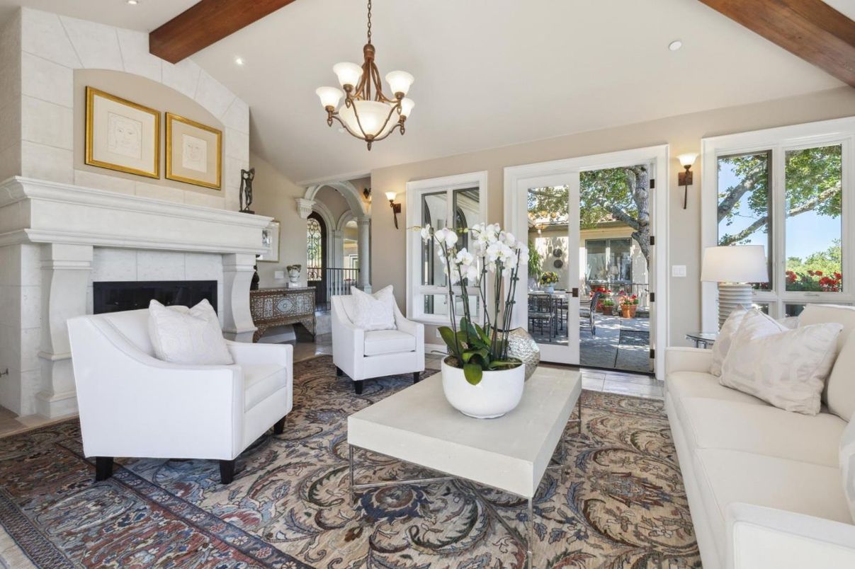 Chandelier, Fireplace, Interior, Living room, Recessed Lighting, Wooden Beams