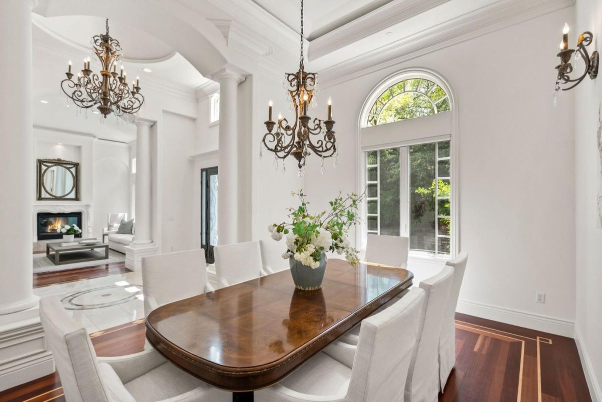 Chandelier, Dining room, Fireplace, Interior, Living room, Wood Texture Flooring