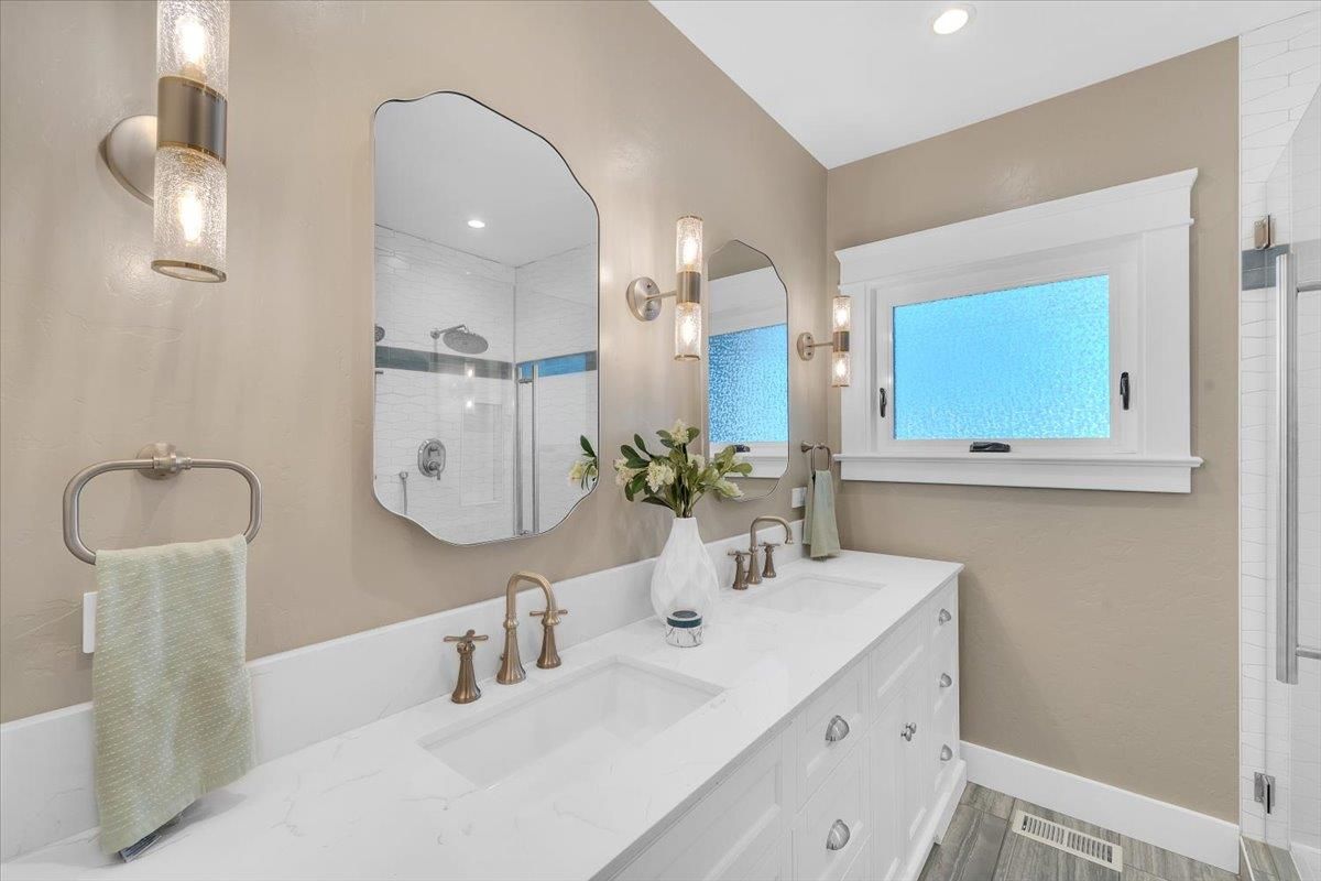 Bathroom, Dual Sink Vanities, Glass Shower, Interior, Recessed Lighting