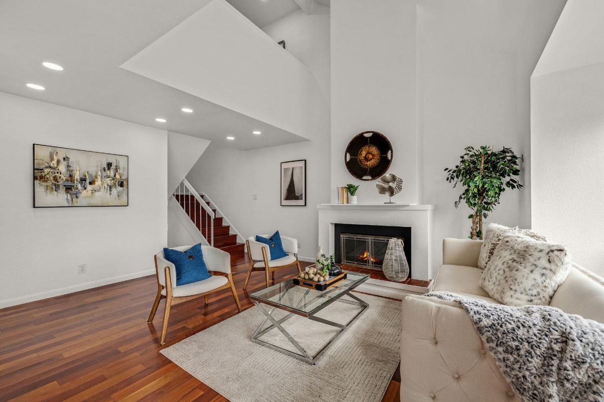 Fireplace, Interior, Living room, Recessed Lighting, Wood Texture Flooring