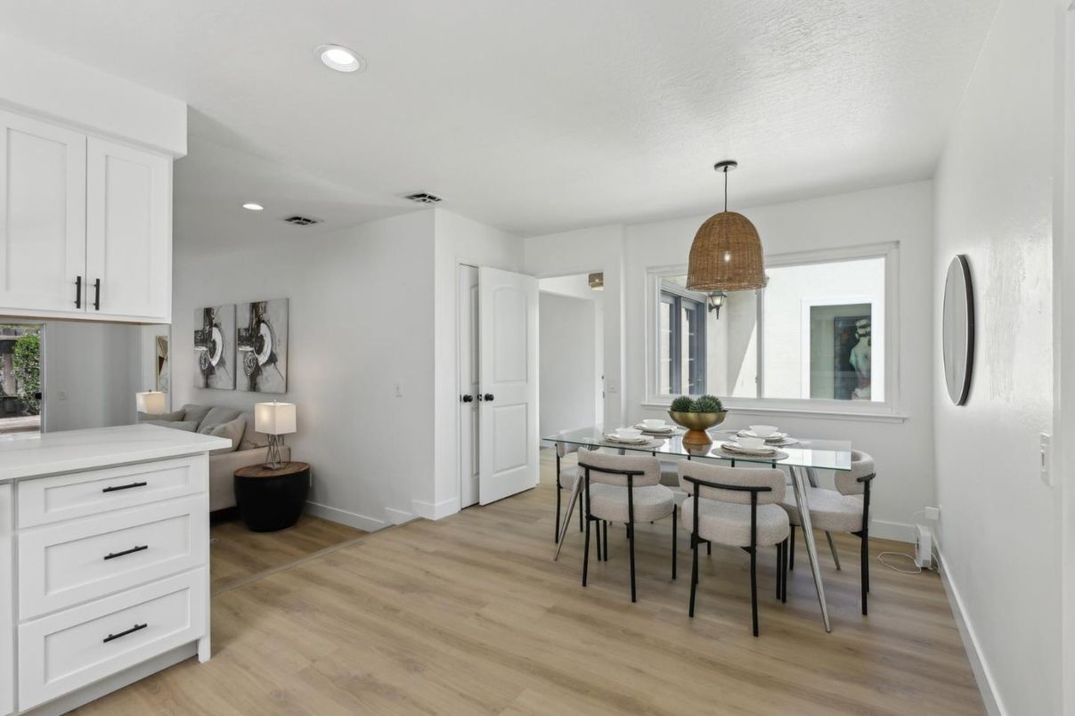 Dining room, Interior, Pendant Lights, Recessed Lighting, Wood Texture Flooring