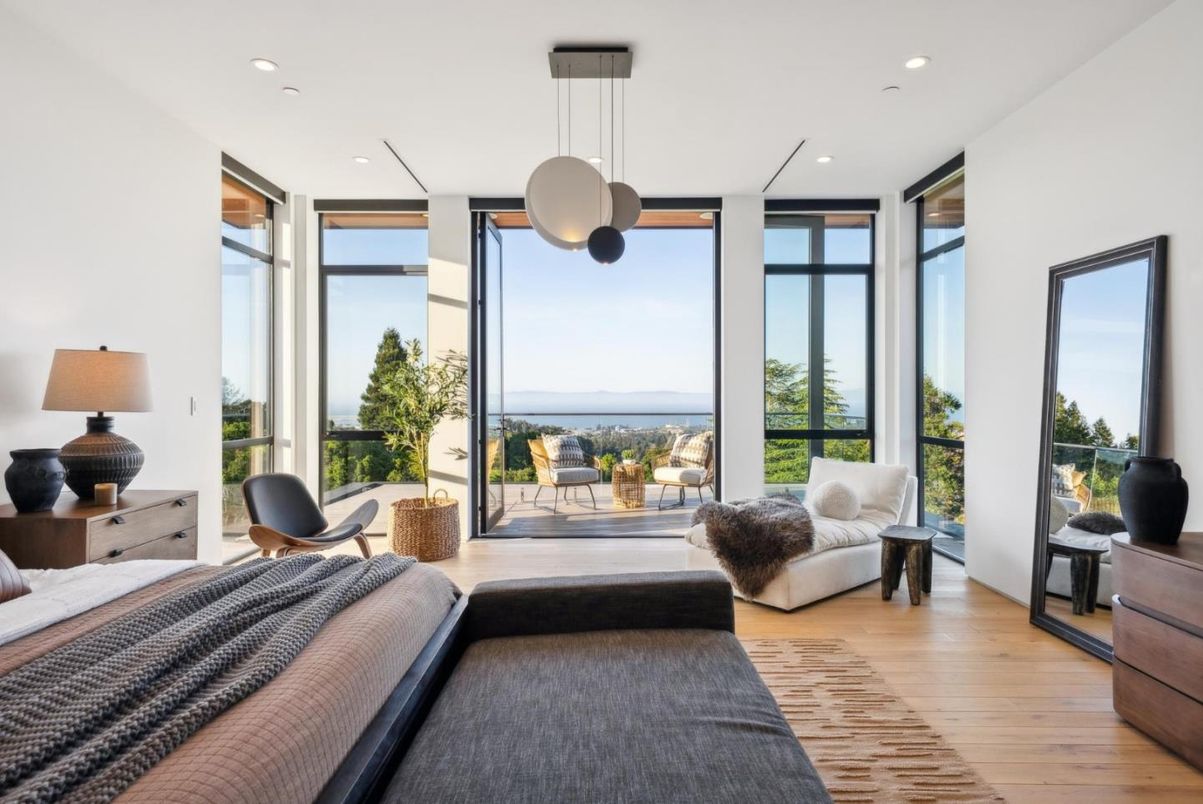 Bedroom, Interior, Pendant Lights, Recessed Lighting, Water, Wood Texture Flooring