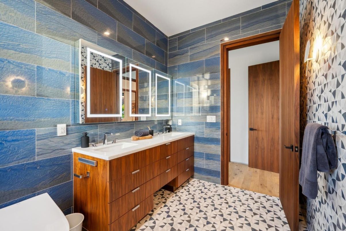 Bathroom, Dual Sink Vanities, Glass Shower, Interior, Recessed Lighting, Wood Texture Flooring