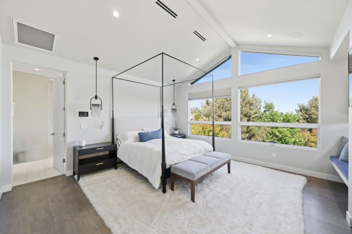 Bedroom, Interior, Pendant Lights, Recessed Lighting, Wood Texture Flooring