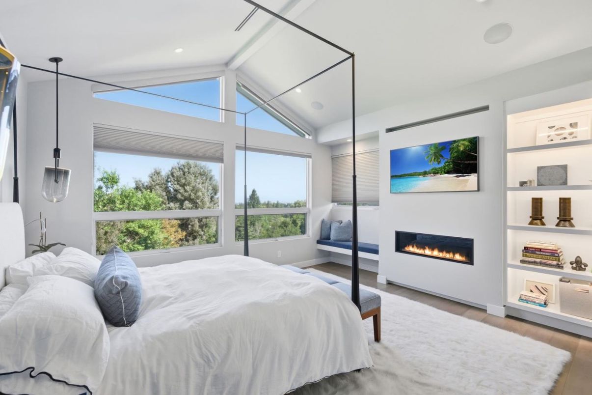 Bedroom, Fireplace, Interior, Recessed Lighting, Wood Texture Flooring