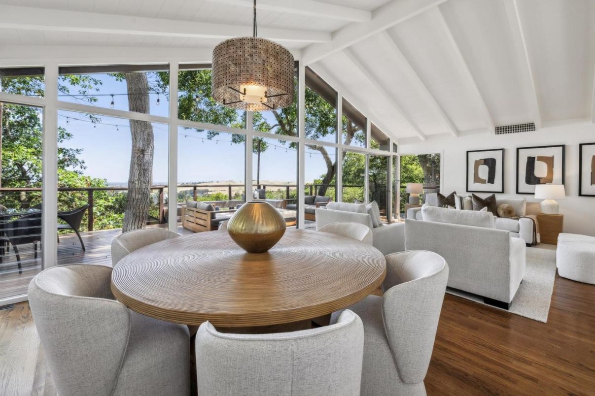 Dining room, Interior, Living room, Pendant Lights, Wood Texture Flooring
