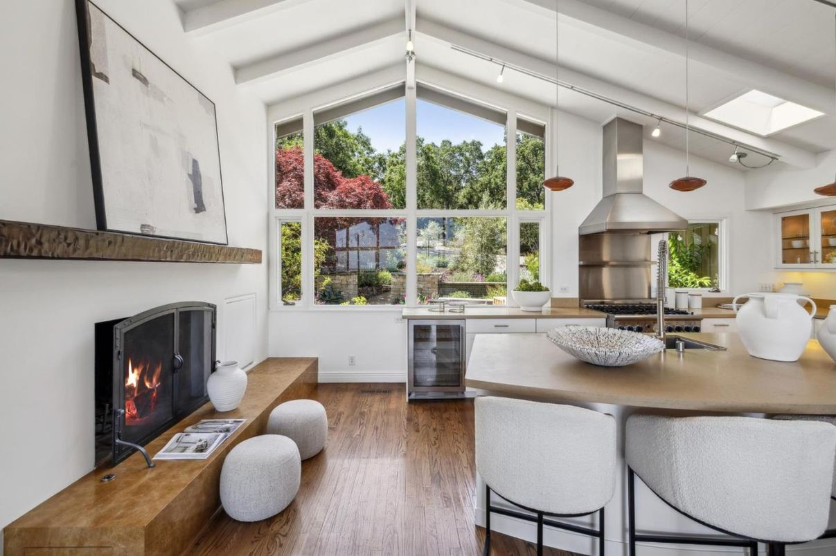 Fireplace, Interior, Kitchen, Pendant Lights, Wood Texture Flooring