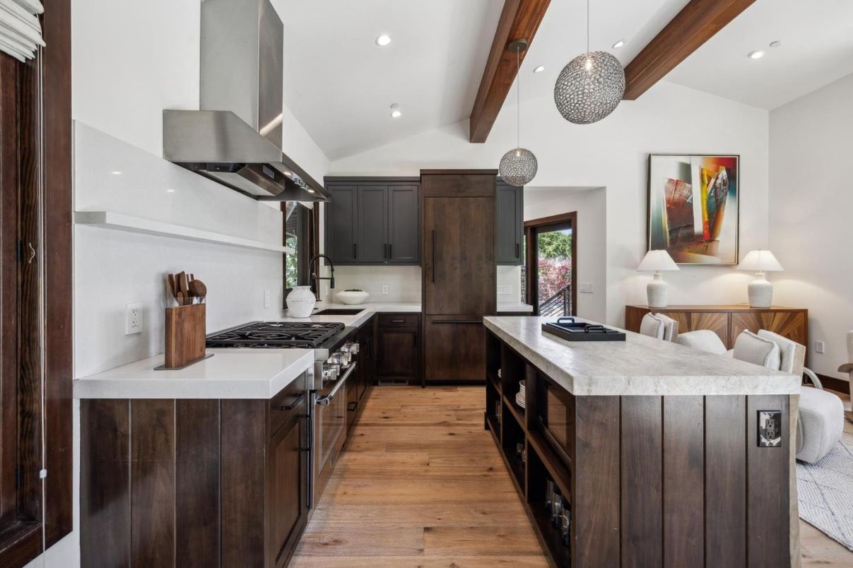 Interior, Kitchen, Pendant Lights, Recessed Lighting, Stainless Steel Appliances, Wooden Beams, Wood Texture Flooring