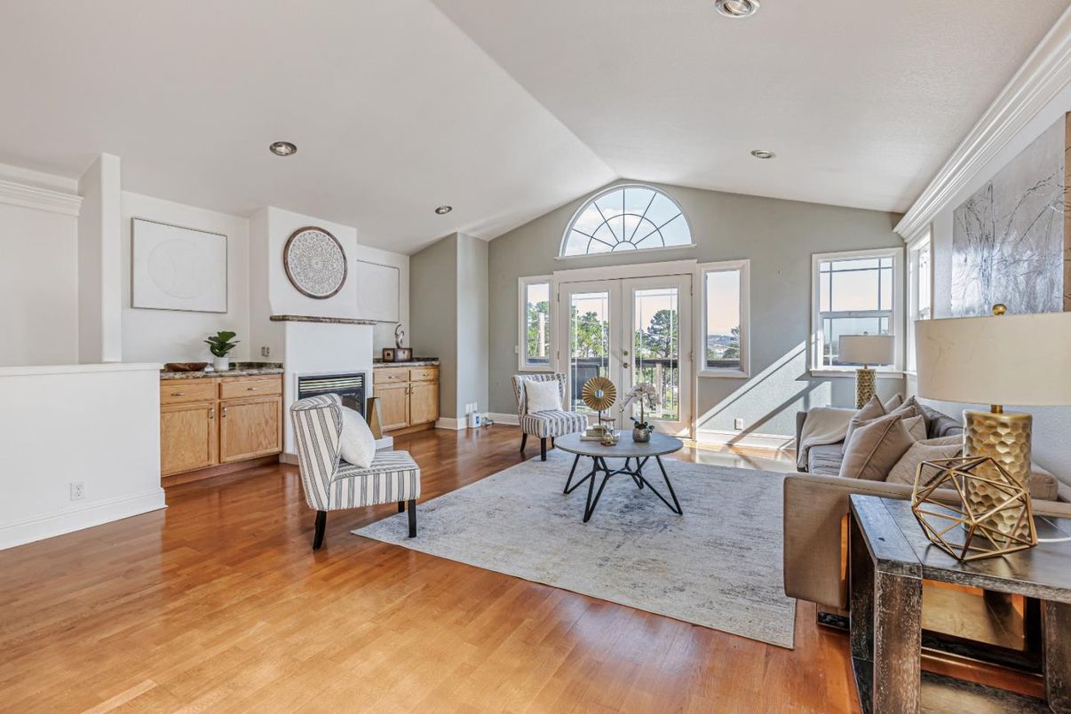 Dining room, Fireplace, Interior, Living room, Recessed Lighting, Wood Texture Flooring
