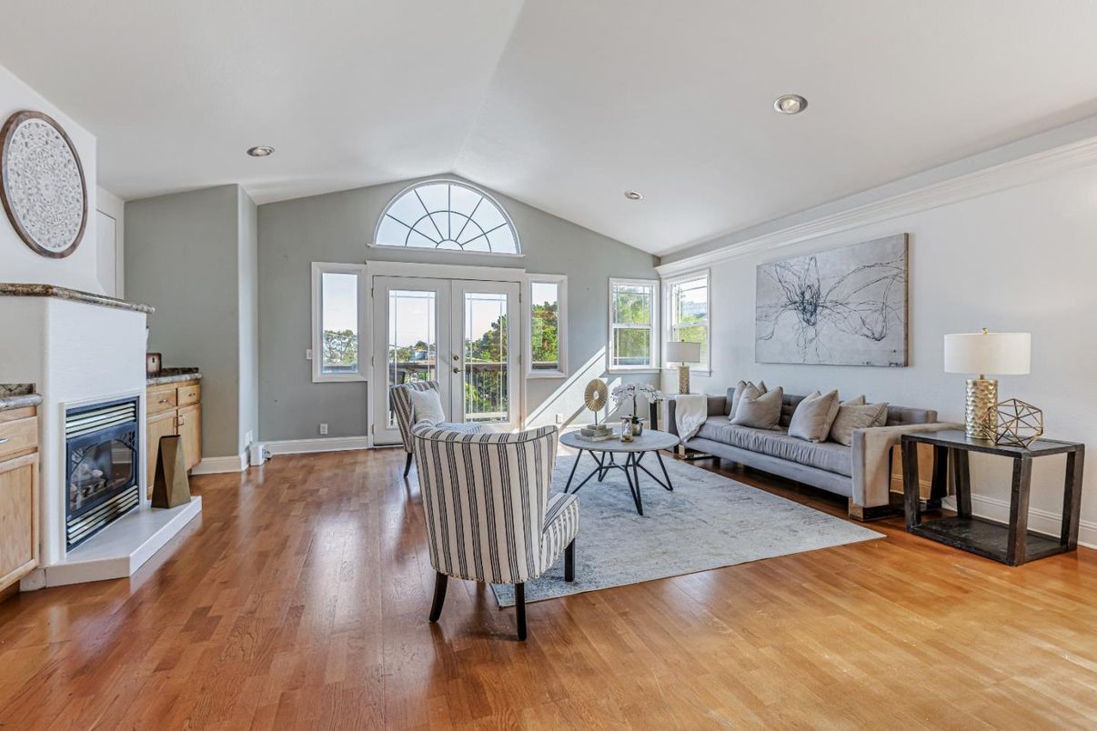 Dining room, Fireplace, Interior, Living room, Recessed Lighting, Wood Texture Flooring