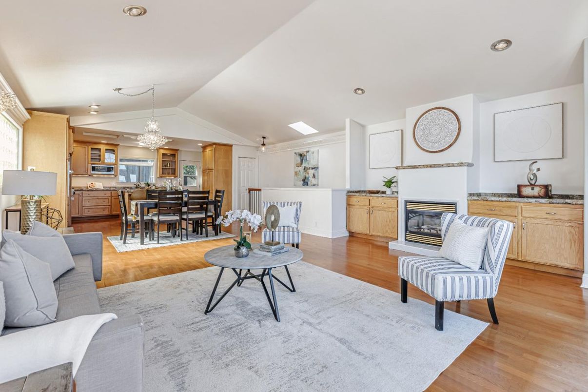 Chandelier, Dining room, Fireplace, Interior, Kitchen, Recessed Lighting, Wood Texture Flooring