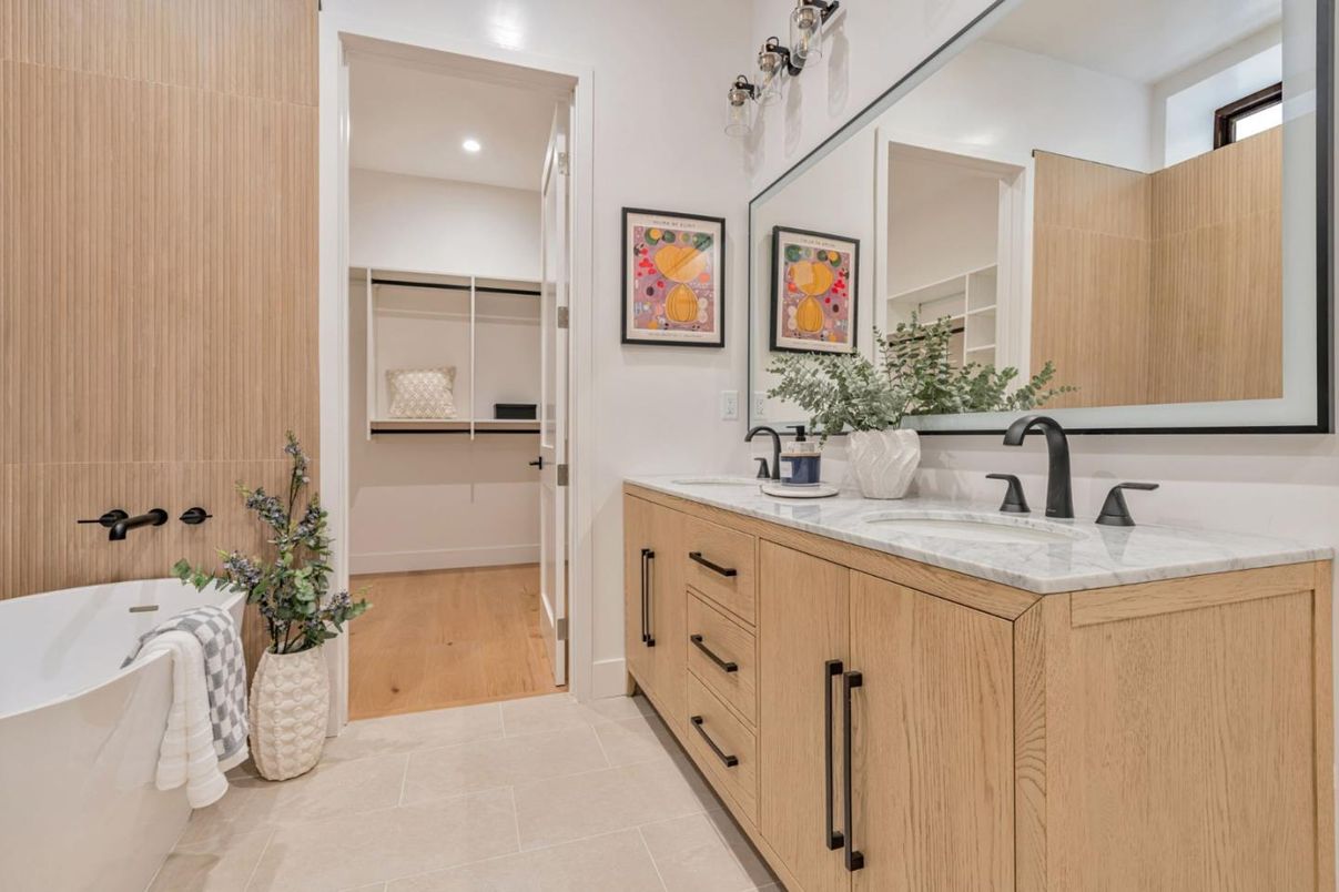 Bathroom, Dual Sink Vanities, Interior, Recessed Lighting, Wood Texture Flooring
