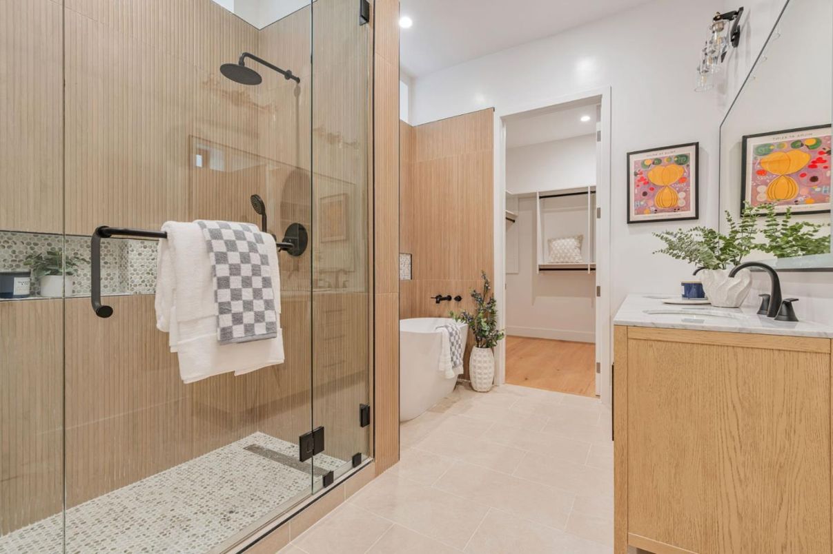 Bathroom, Dual Sink Vanities, Glass Shower, Interior, Recessed Lighting, Wood Texture Flooring