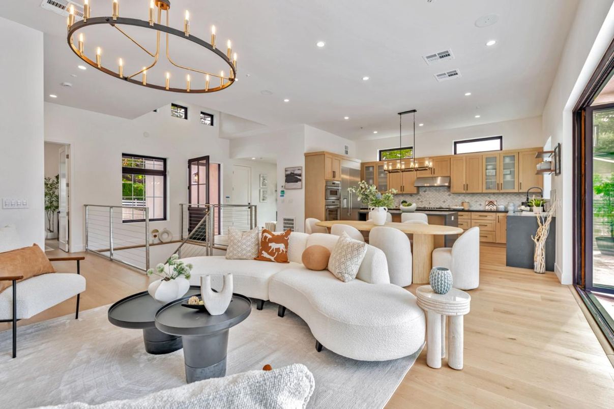 Chandelier, Interior, Kitchen, Living room, Pendant Lights, Recessed Lighting, Stainless Steel Appliances, Wood Texture Flooring