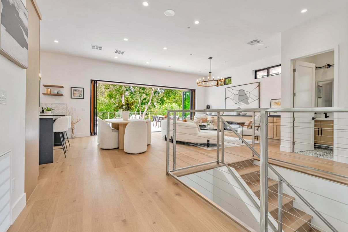 Dining room, Interior, Pendant Lights, Recessed Lighting, Wood Texture Flooring