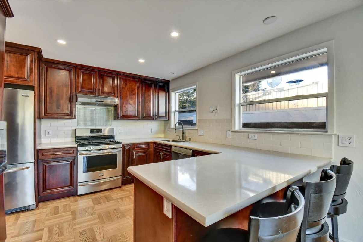 Interior, Kitchen, Recessed Lighting, Stainless Steel Appliances, Wood Texture Flooring