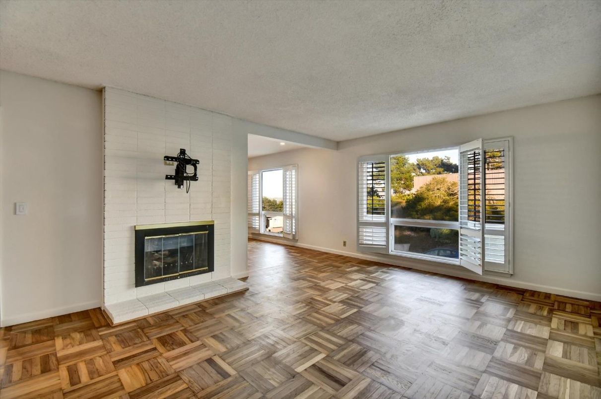 Empty room, Fireplace, Interior, Recessed Lighting, Wood Texture Flooring