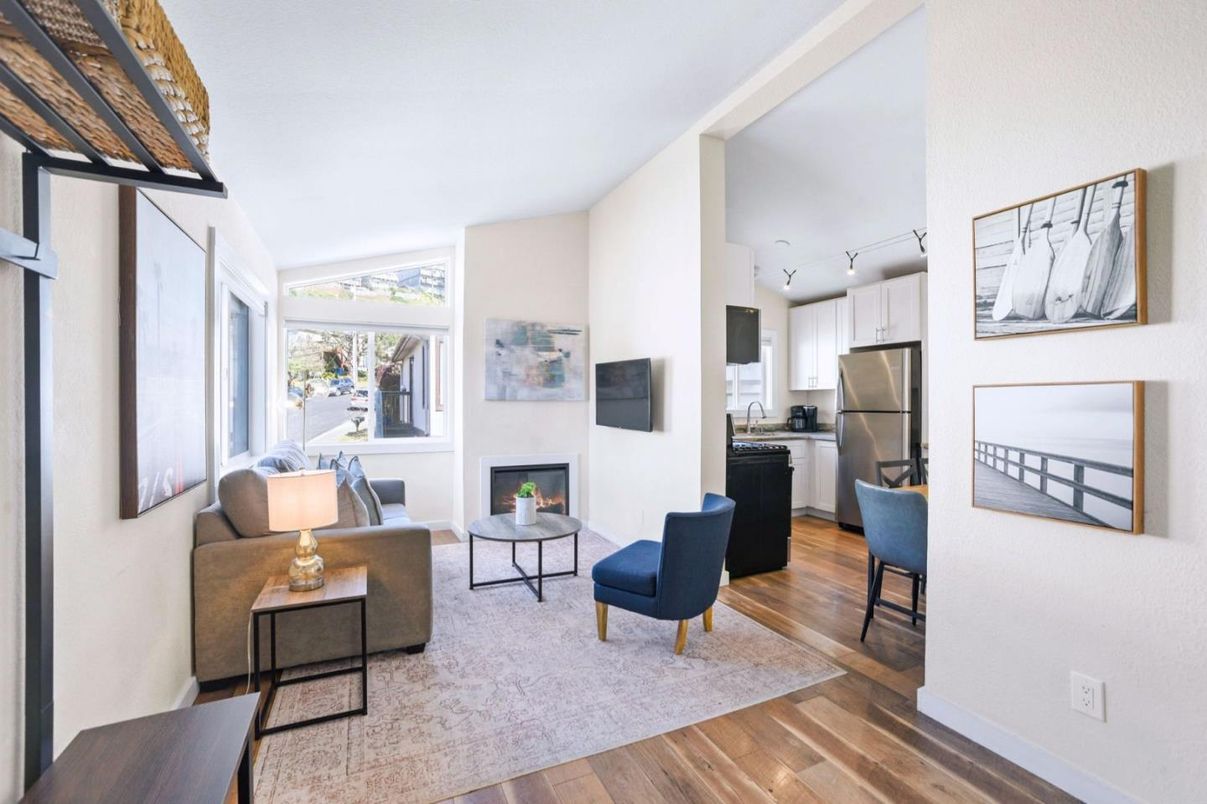Fireplace, Interior, Kitchen, Living room, Stainless Steel Appliances, Wood Texture Flooring