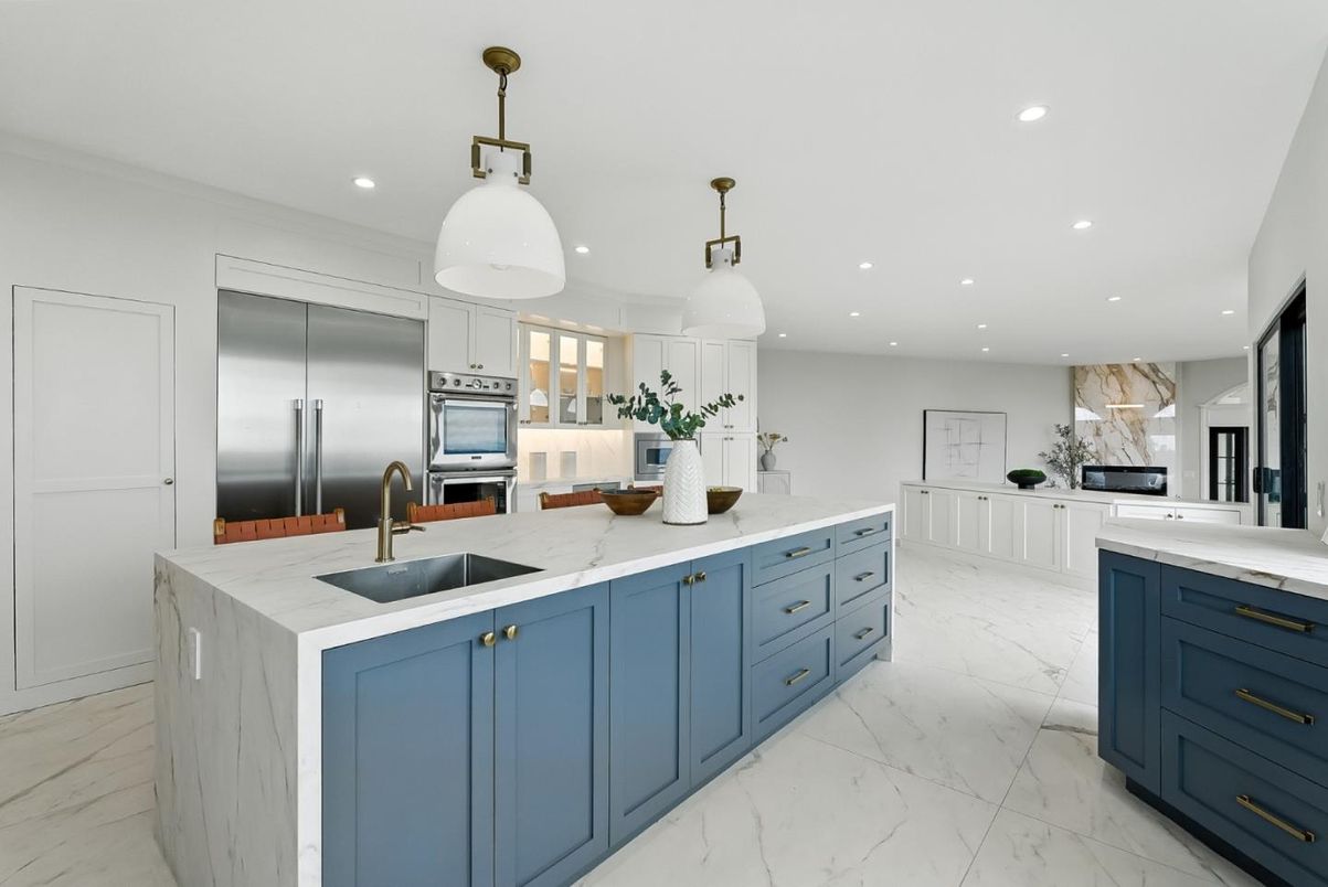 Interior, Kitchen, Marble, Pendant Lights, Recessed Lighting, Stainless Steel Appliances