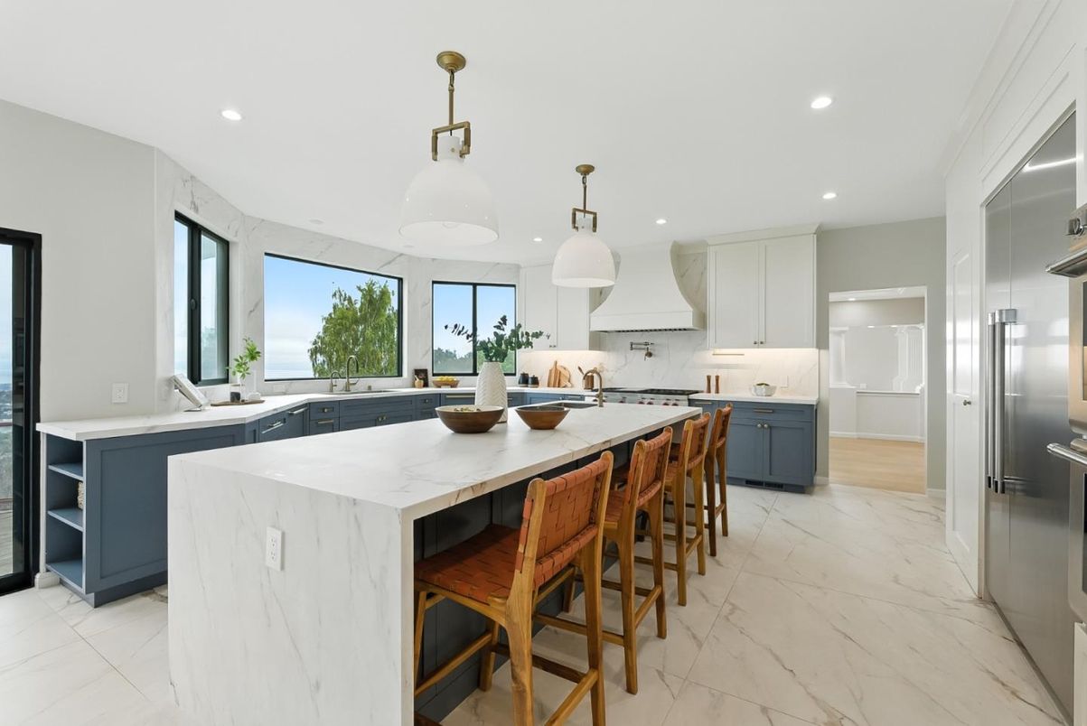 Interior, Kitchen, Marble, Pendant Lights, Recessed Lighting, Stainless Steel Appliances