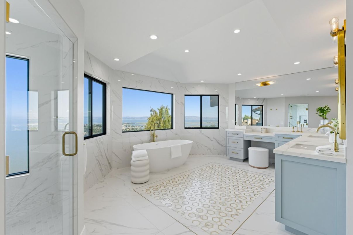Bathroom, Dual Sink Vanities, Free Standing Baths, Interior, Marble, Marble Walls, Recessed Lighting, Water