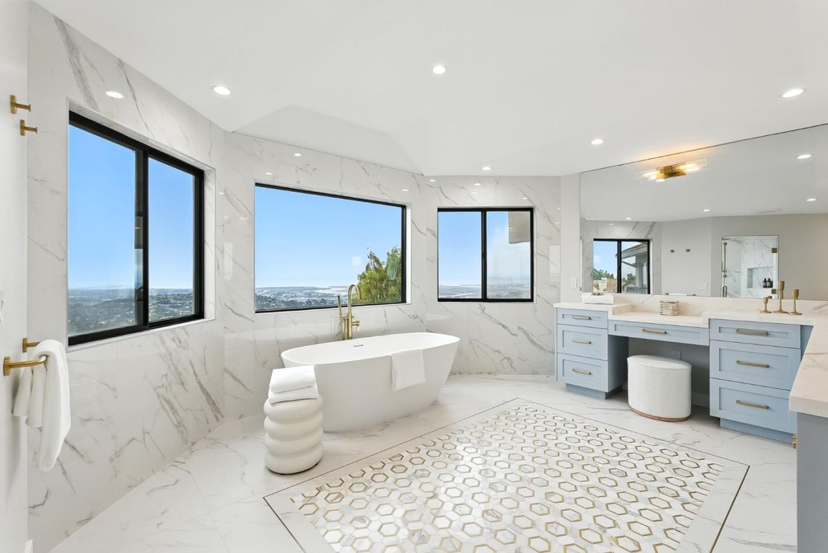 Bathroom, Dual Sink Vanities, Free Standing Baths, Interior, Marble, Marble Walls, Recessed Lighting