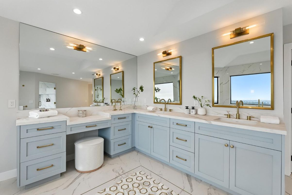 Bathroom, Dual Sink Vanities, Interior, Marble, Recessed Lighting