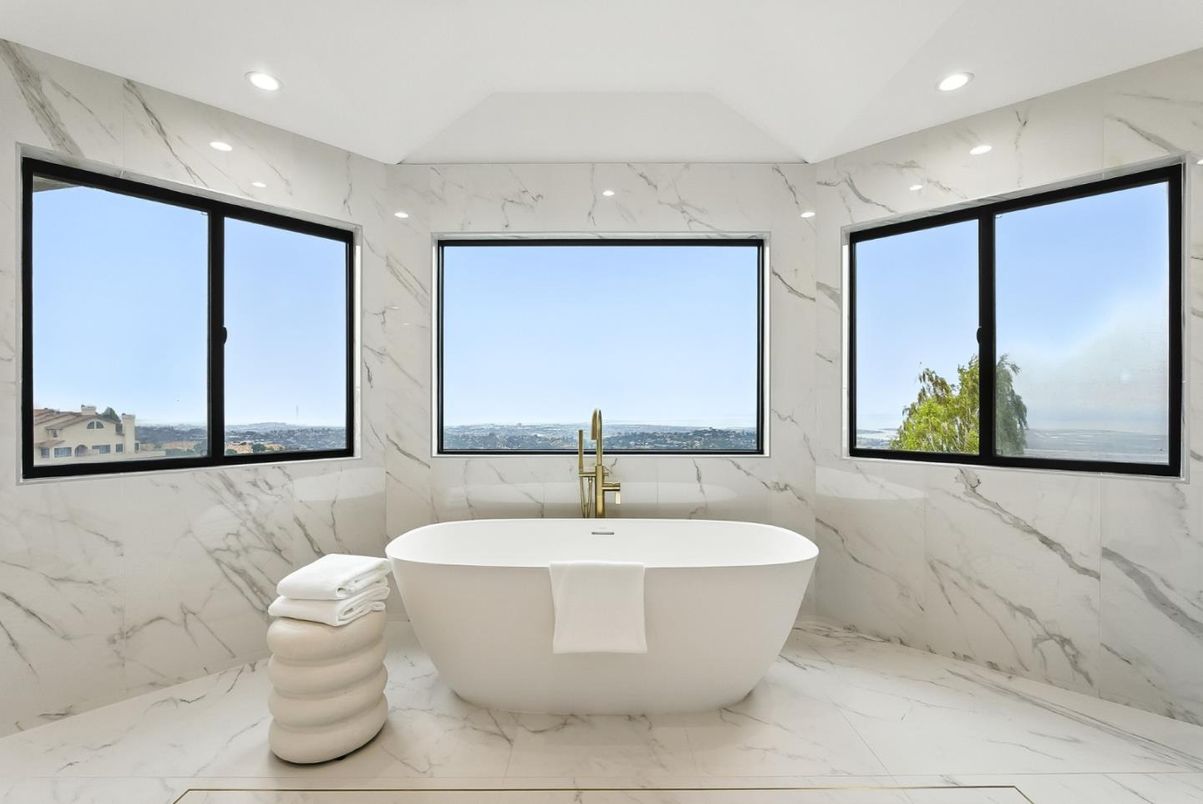 Bathroom, Free Standing Baths, Interior, Marble, Marble Walls, Recessed Lighting