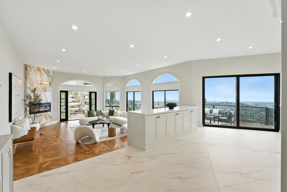 Fireplace, Interior, Living room, Marble, Recessed Lighting, Water, Wood Texture Flooring