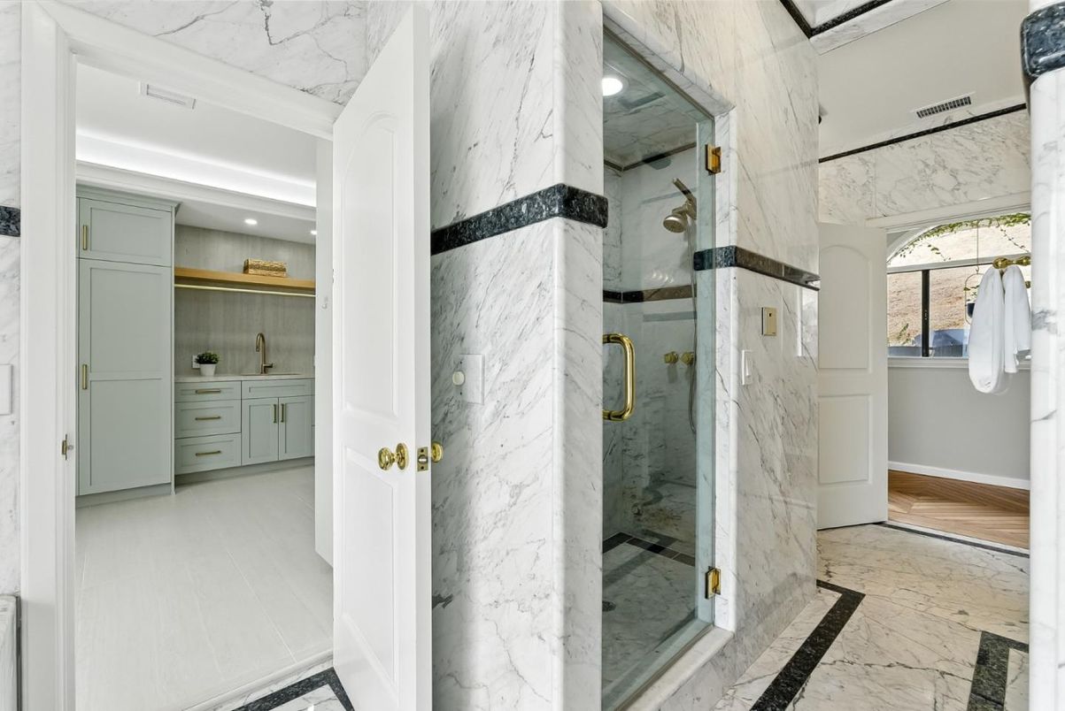 Bathroom, Glass Shower, Interior, Marble, Marble Walls, Recessed Lighting, Wood Texture Flooring