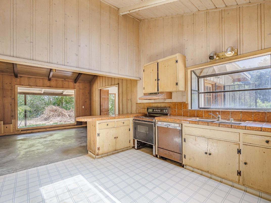 Interior, Kitchen, Tile Countertops, Wooden Walls