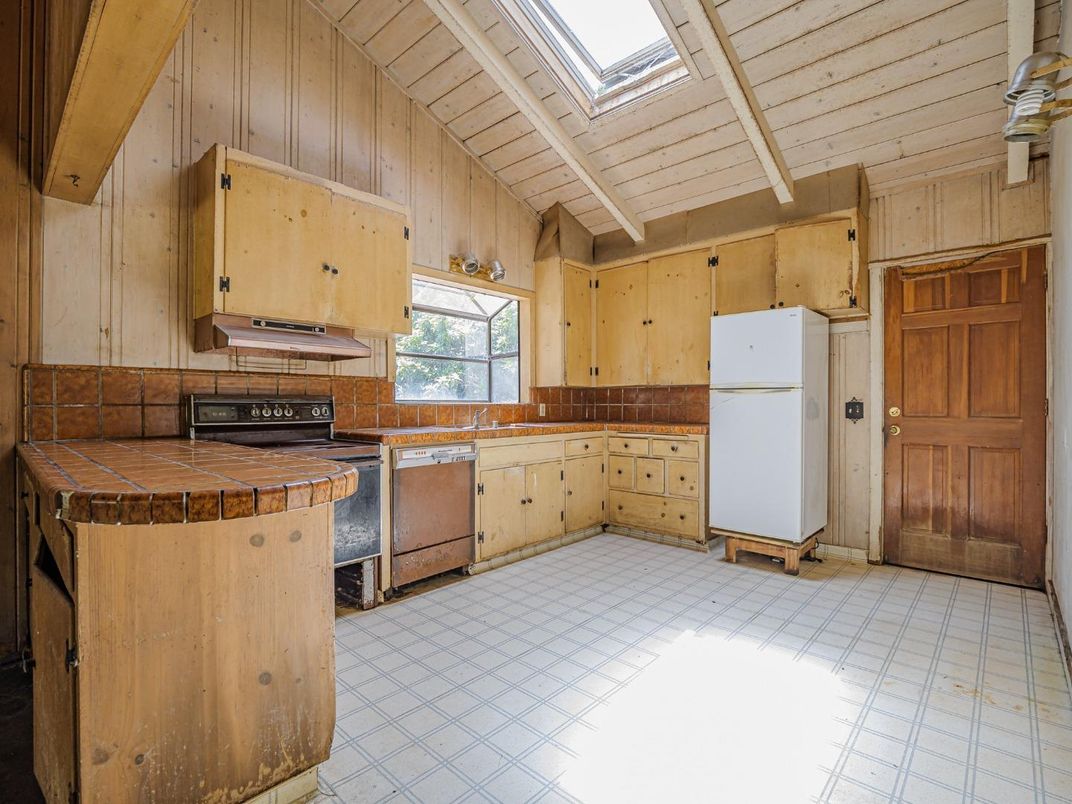 Interior, Kitchen, Tile Countertops, Wooden Walls