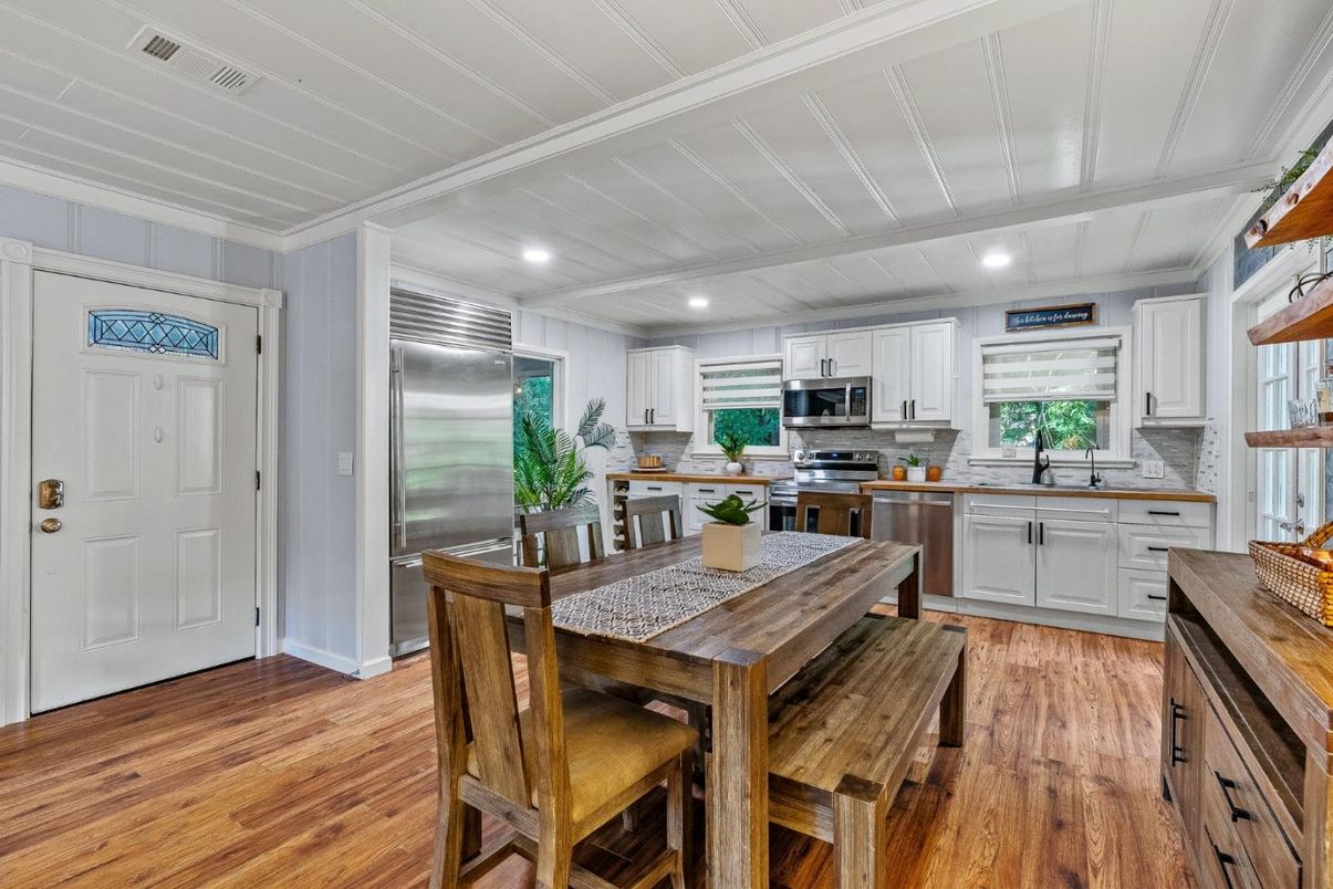 Dining room, Interior, Kitchen, Recessed Lighting, Stainless Steel Appliances, Wood Texture Flooring