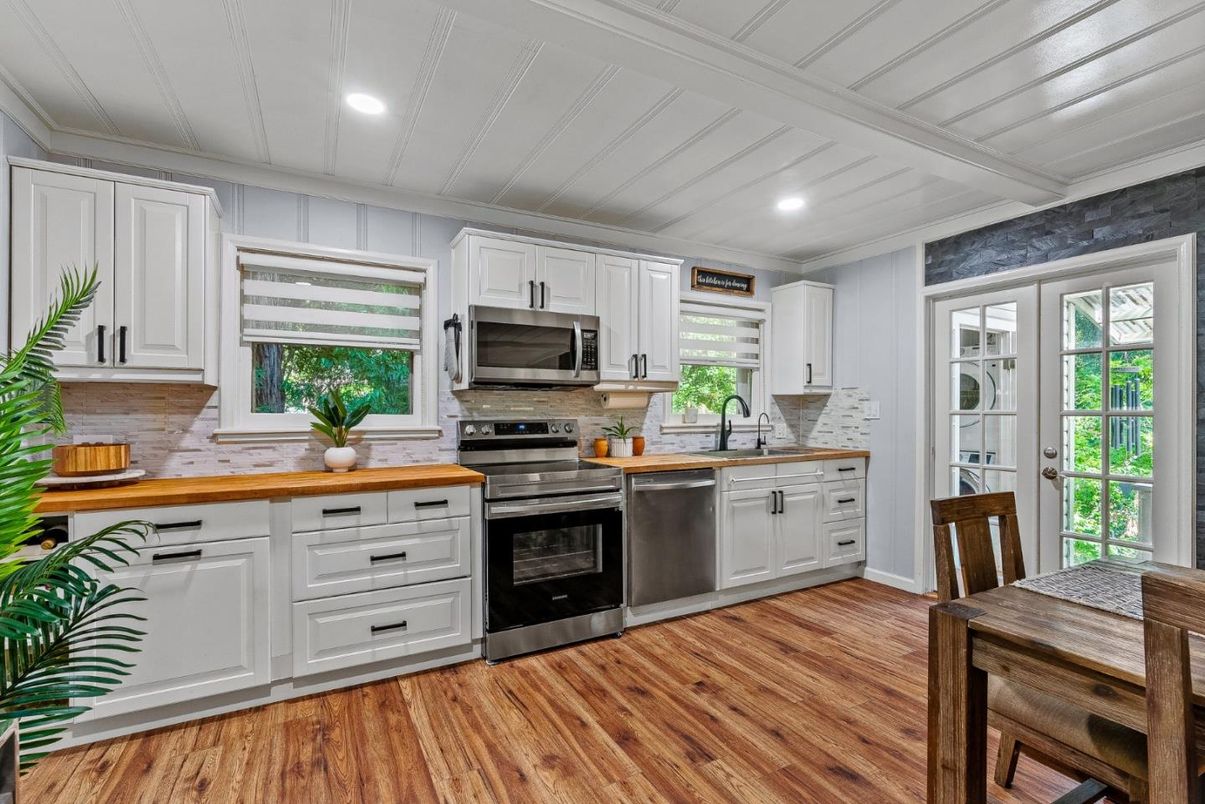 Interior, Kitchen, Recessed Lighting, Stainless Steel Appliances, Wood Texture Flooring