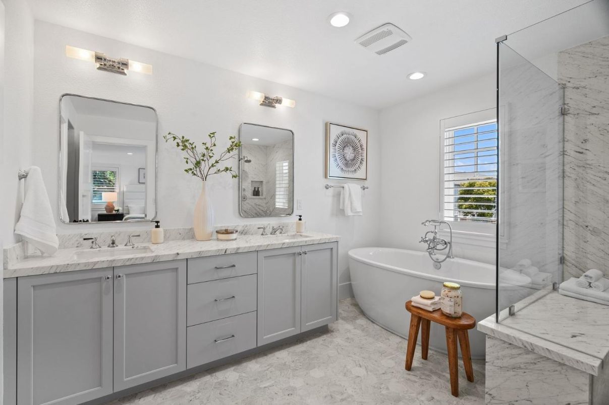 Bathroom, Dual Sink Vanities, Free Standing Baths, Interior, Marble, Marble Walls, Recessed Lighting