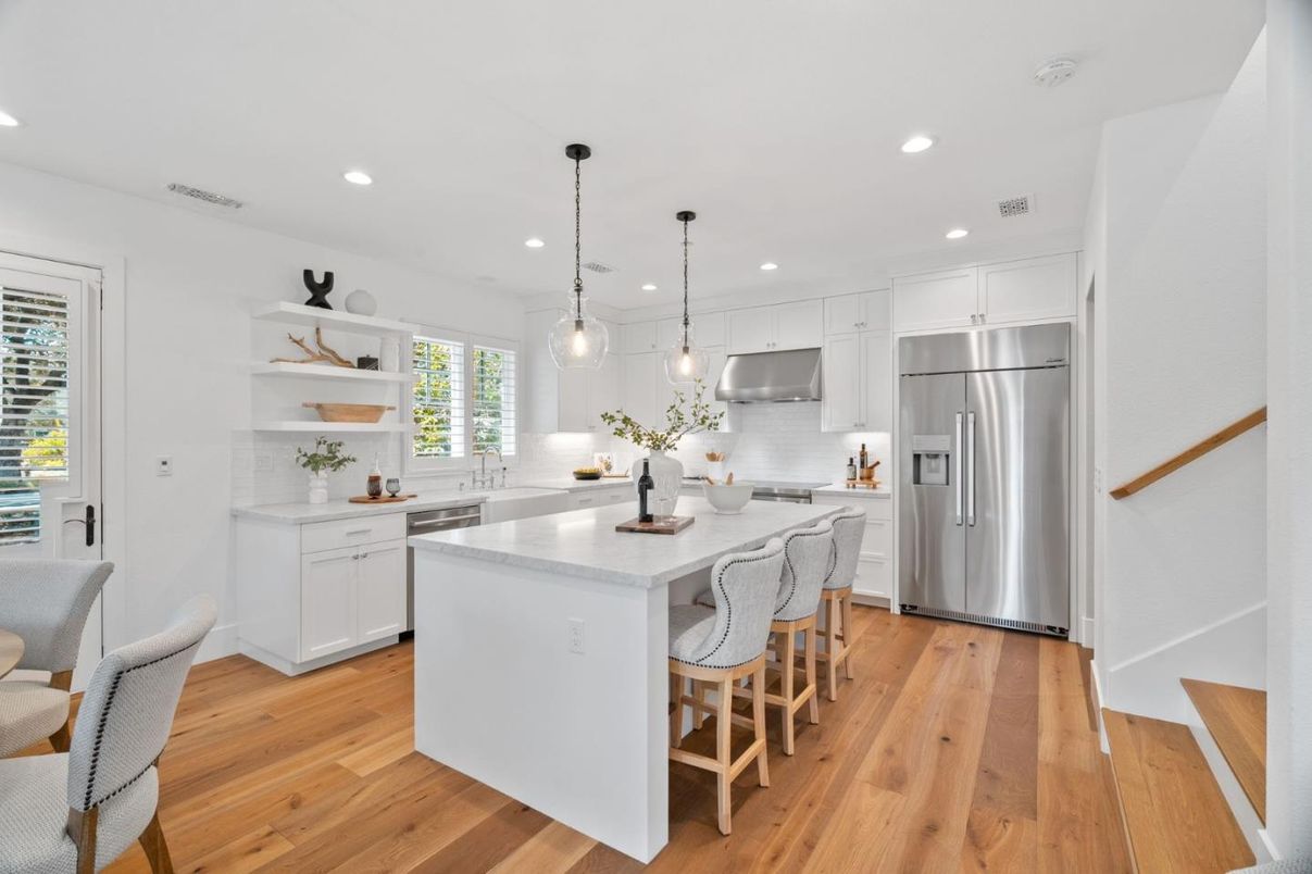 Interior, Kitchen, Pendant Lights, Recessed Lighting, Stainless Steel Appliances, Wood Texture Flooring
